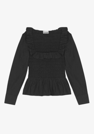 Poplin Open Neck Smock Blouse