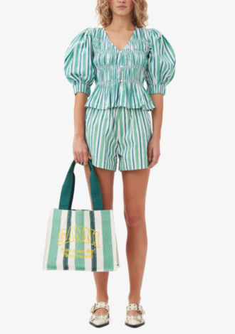 Green Large Striped Canvas Tote Bag