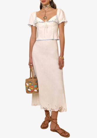 Crystal Lace Trim Linen Skirt Cream