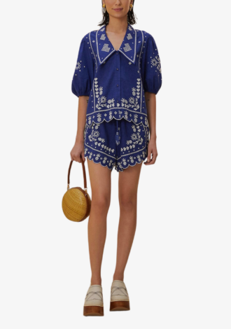 Blue Embroidered Short Sleeve Shirt