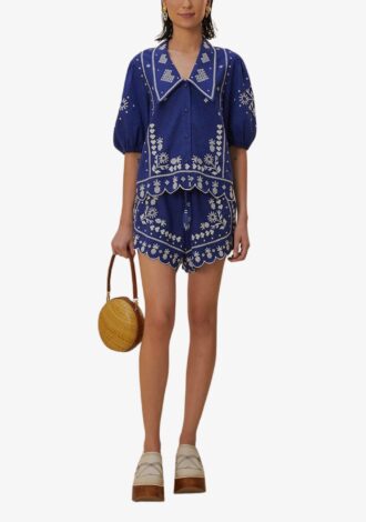 Blue Embroidered Shorts