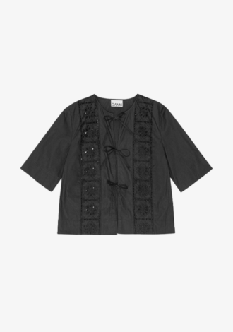 Black Broderie Anglaise Tie Blouse