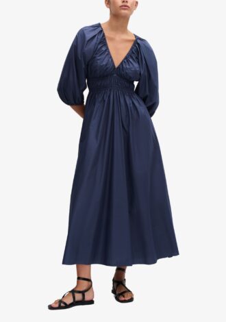 Shirred Plunge Button Dress Dusk