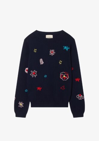 Cashmere Floral Tribute Crew In Navy