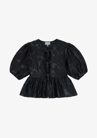 Satin Cloque Peplum Tie Blouse