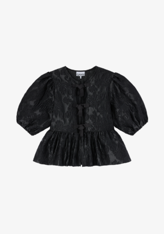 Satin Cloque Peplum Tie Blouse