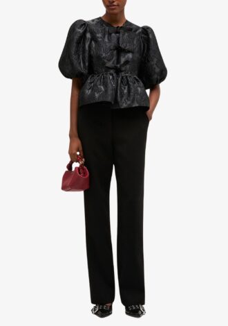 Satin Cloque Peplum Tie Blouse