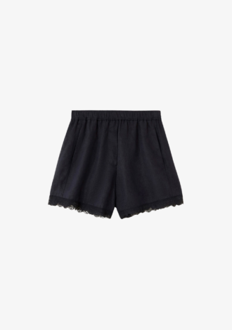Black Linen Lace Hem Shorts
