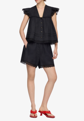 Black Linen Lace Hem Shorts