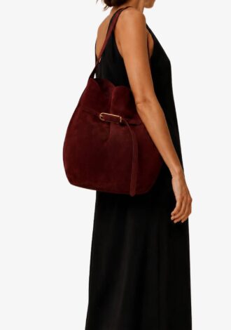 Belted Bucket Bag Large Burgundy Suede